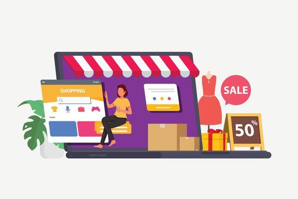 online-store-via-laptop-set-on-podium-with-floating-gift-boxes-aside-3d-web-banner-of-online-shopping-free-vector